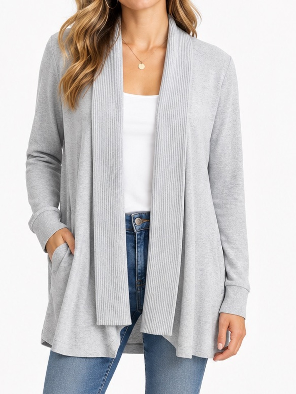 LOFT Gray Open Front Cardigan Sweater Ribbed Shawl Collar Size Medium Drape